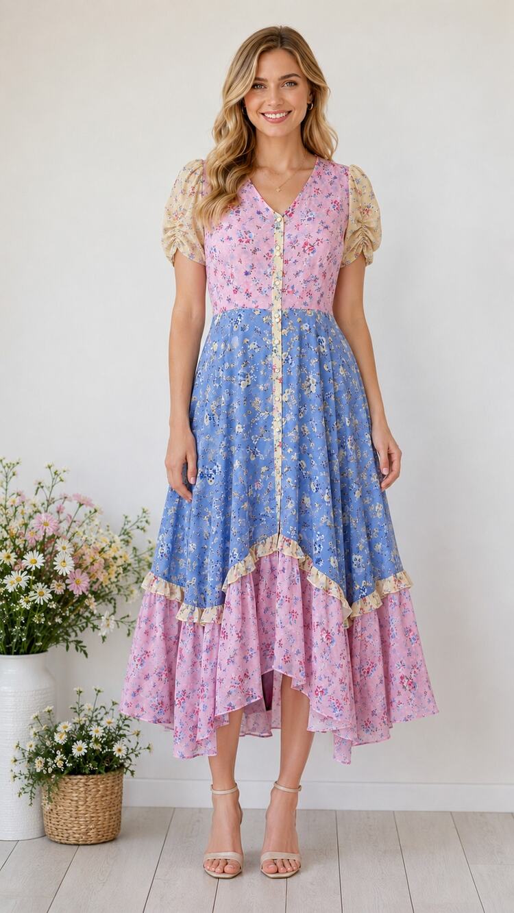 Evie Short Sleeve Floral Patchwork Midi Dress Pink Blue Women Size Large Cottage